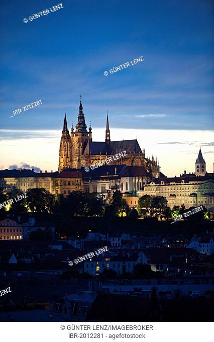 View from the Old Town Hall towards Hradcany, the Castle District, with Prague Castle and St. Vitus Cathedral, Prague, Bohemia, Czech Republic, Europe
