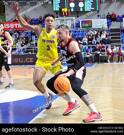 L-R Marques Townes (Opava) and Margiris Normantas (Vilnius) in action during men's Basketball Champions League, group B, 5th round, BK Opava vs Rytas Vilnius