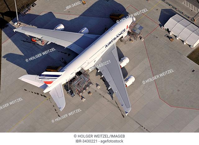 Aerial view, Airbus A380 being prepared for delivery at the factory airfield of Finkenwerder