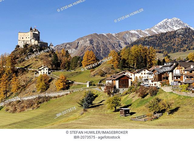 Tarasp Castle with the village of Tarasp, Scuol, Lower Engadin, Grisons, Switzerland, Europe