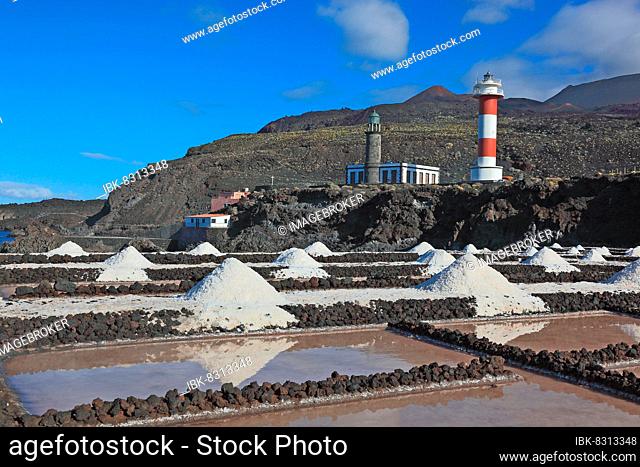 Crystal pools and salt mountains of the salt works in Fuencaliente at the Punta de Fuencaliente, the southern tip of the island, La Palma, Canary Island, Spain