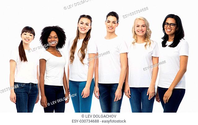 diversity, race, ethnicity and people concept - international group of happy smiling different women in white blank t-shirts