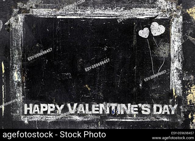 Happy Valentine's Day chalkboard background. Weathered and distressed template. Love and discounts. Holiday sale. Dirty artistic design element, box