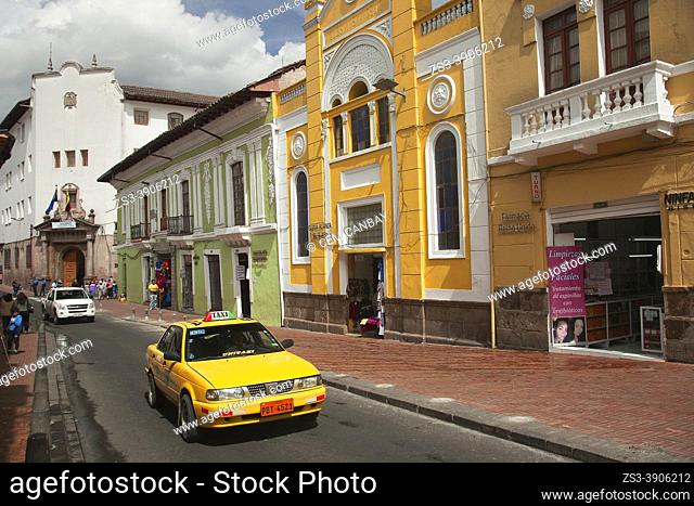 View to the colonial buildings with balconies at the historic center, Quito, Ecuador, South America