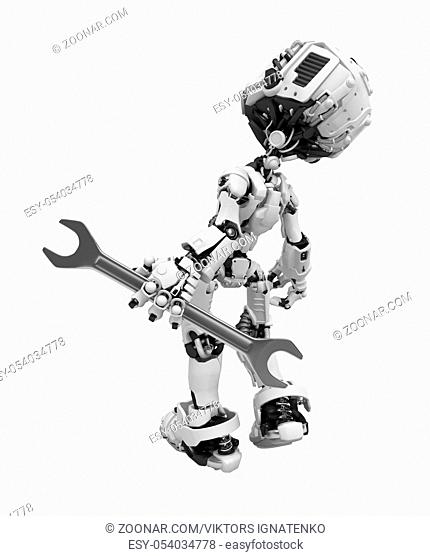 Small 3d robotic figure with a spanner, over white, isolated