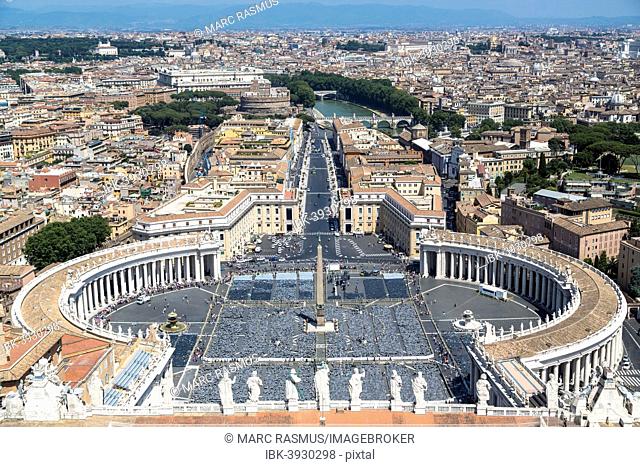 View on St Peter's Square and Rome from the dome of St. Peter's Basilica, Vatican, Rome, Lazio, Italy