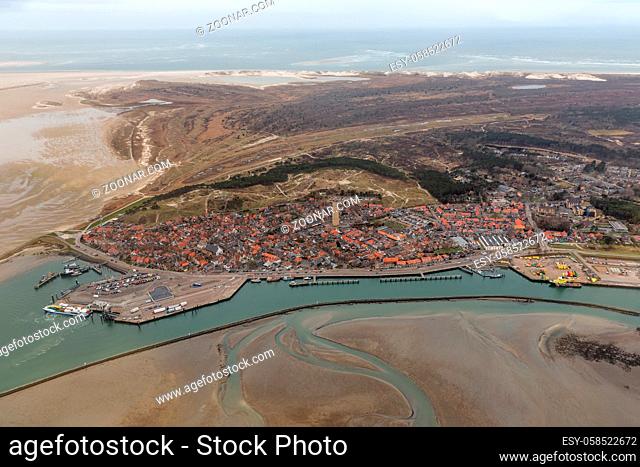 Aerial view harbor and Village Terschelling, Dutch island in Wadden sea