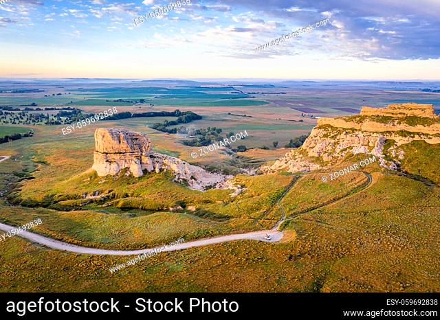 Courthouse and Jail Rocks in Nebraska Panhandle - aerial view ar summer sunrise
