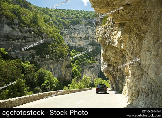 Black colour hatchback car on background of French mountain nature landscape