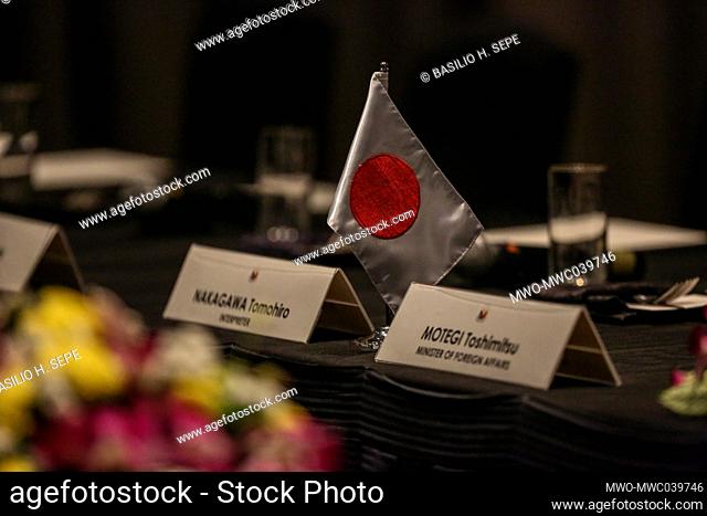 A Japanese flag is placed on a table before a bilateral meeting between Philippine Foreign Affairs Secretary Teodoro Locsin Jr