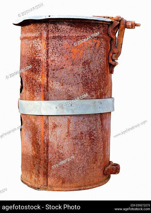 Old vintage rusty can canister for gasoline and diesel. Isolated on white with patch