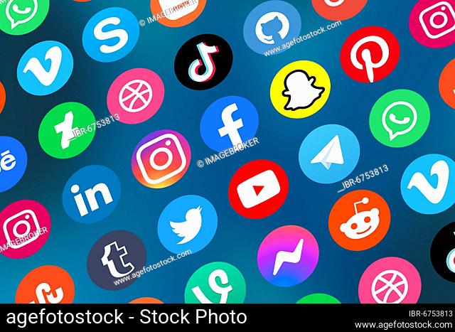Logo of social media icons social network Facebook, Instagram, YouTube, Twitter and WhatsApp on the internet in Stuttgart, Germany, Europe
