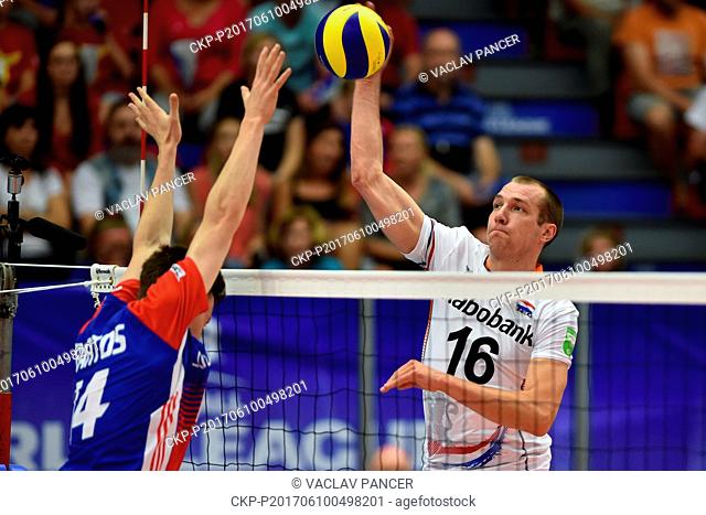 From left Adam Bartos from Czech and Wouter Ter Maat from Netherlands in action during the match FIVB World League between Czech Republic and Netherlands in...
