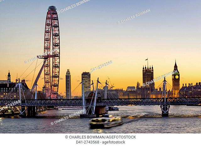 UK, england, London, Big Ben with Hungerford Bridge sunset
