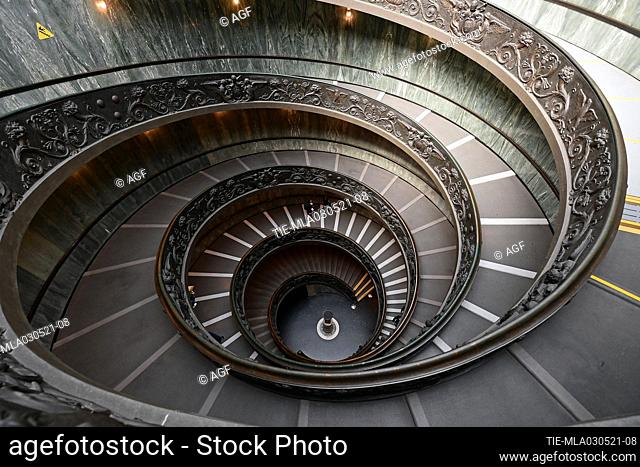 The Vatican Museums reopen after the last lockdown for the Covid-19 pandemic, from above, the helical staircase by Giuseppe Momo from 1932 is inspired by the...