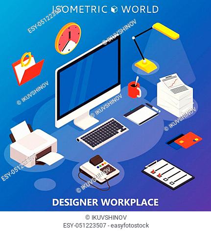Modern flat 3d isometric concept of workplace with computer and office equipment. Vector infographics collection
