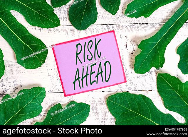 Writing note showing Risk Ahead. Business concept for A probability or threat of damage, injury, liability, loss
