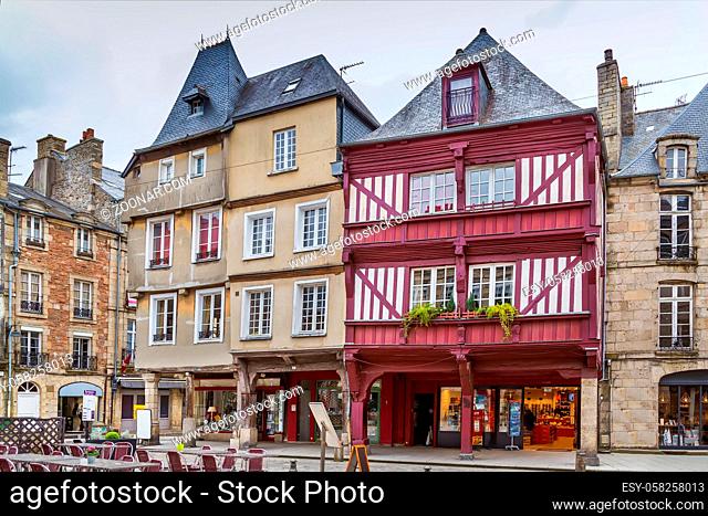 Street with half-timbered houses in Dinan city center, Brittany, France