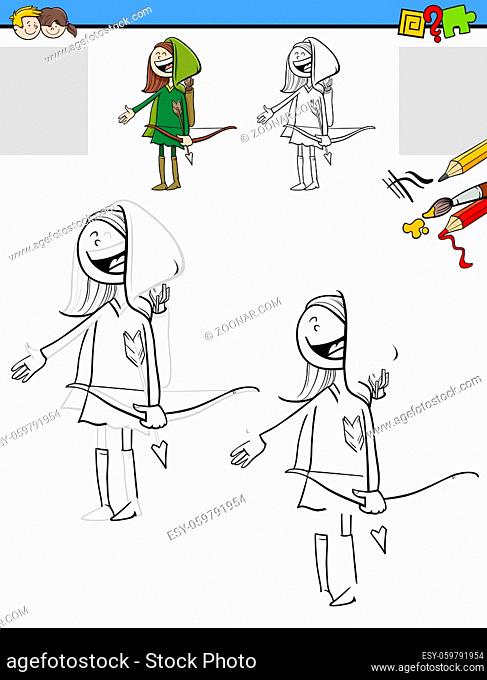 Cartoon illustration of drawing and coloring educational activity for children with girl in Robin Hood costume
