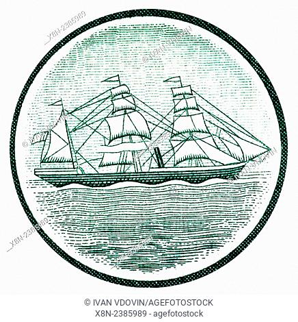 Seal of Banco Nacional Ultramarino, sailing ship from 100 escudos banknote, Mozambique, 1961