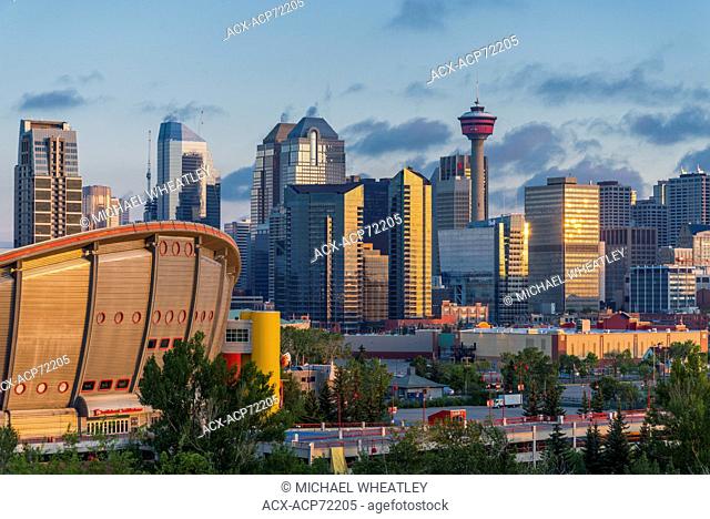 Calgary skyline with the Saddledome and Calgary tower, Calgary, Alberta, Canada