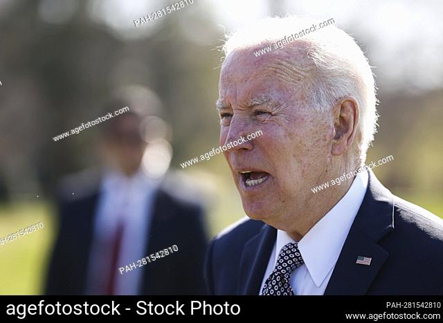 United States President Joe Biden speaks to members of the press after arriving at Fort Lesley J. McNair in Washington, D.C., U.S