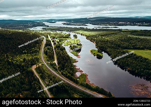 At Aavasaksa, river that separates Finland and Sweden from each other, seen from the sky