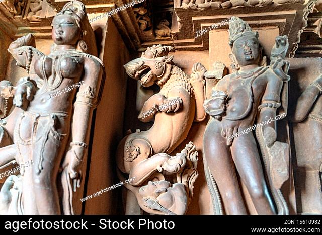 The statues and view inside the Khajuraho temple