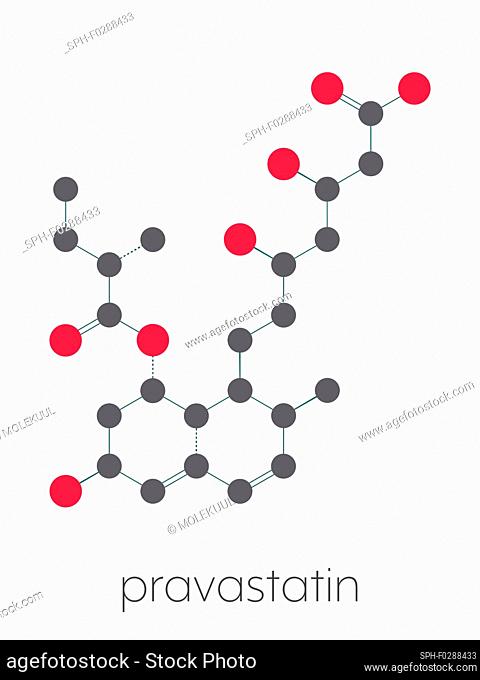 Pravastatin cholesterol lowering drug molecule. Stylized skeletal formula (chemical structure). Atoms are shown as color-coded circles connected by thin bonds