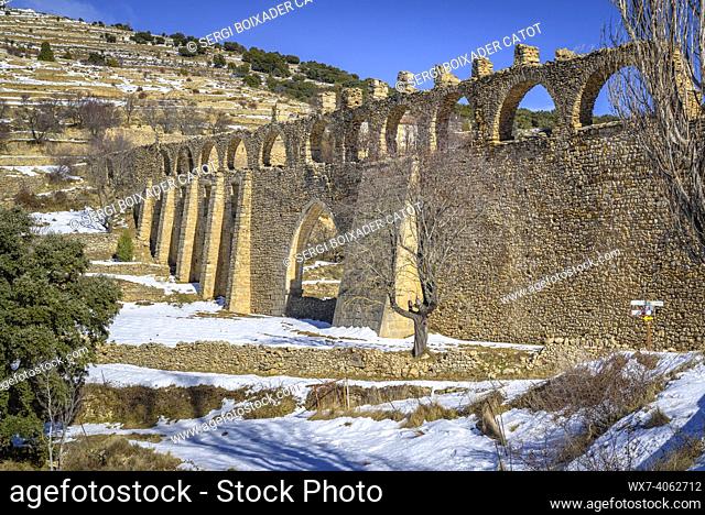 Morella aqueduct after a snowfall in winter (Castellón province, Valencian Community, Spain)