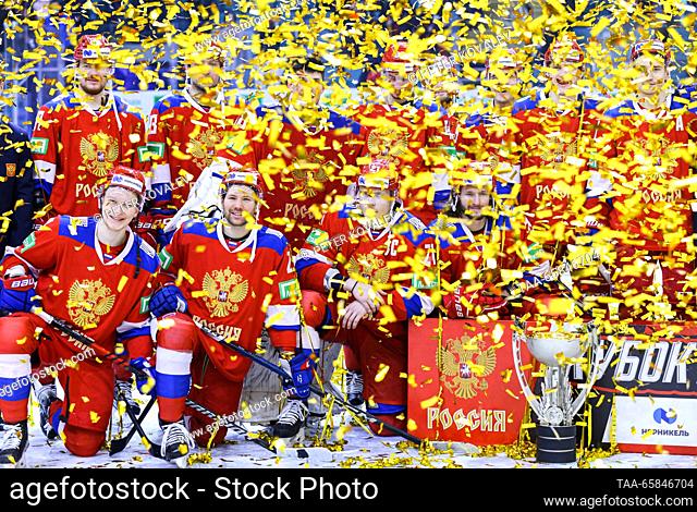 RUSSIA, ST PETERSBURG - DECEMBER 17, 2023: Russia 25's players celebrate winning their 2023 Channel One Cup ice hockey match against Kazakhstan at the Ledovy...