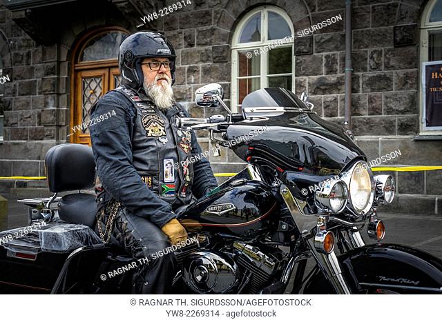 Portrait of Senior man. Memeber of the Harley Davidson motorcycle club. Annual end of the summer festival in Reykjavik, Iceland