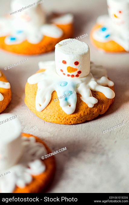 Traditional winter sweets and cookies. Funny melting snowman gingerbread for party