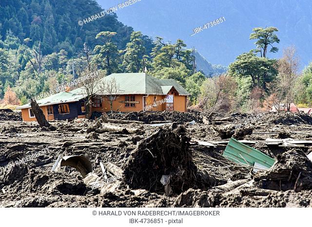 Destroyed houses by a landslide in Villa Santa Lucía, Chaiten, Rio Burritos, Carretera Austral, Patagonia, Chile, South America