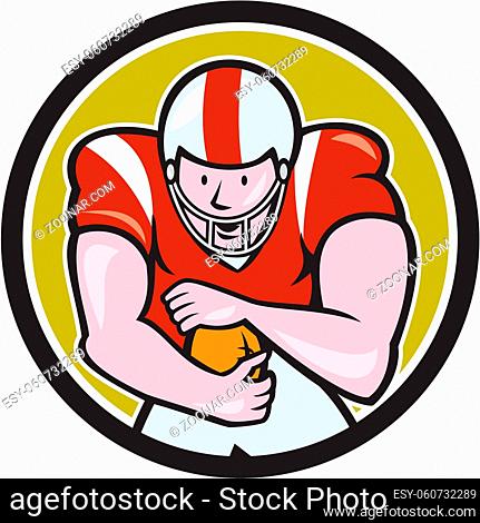 Illustration of an american football gridiron player running back with ball facing front fending set inside circle on isolated background done in cartoon style