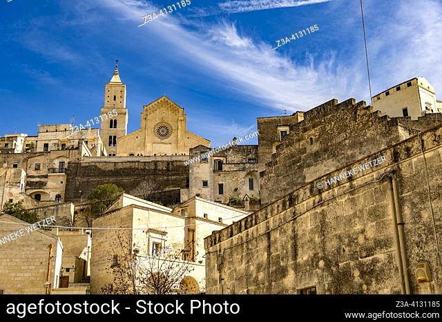 The cathedral of ancient town 'Sassi di Matera' in Matera, Puglia, Italy. The Cathedral or the Duomo was built in 1268 and is one of the most important...