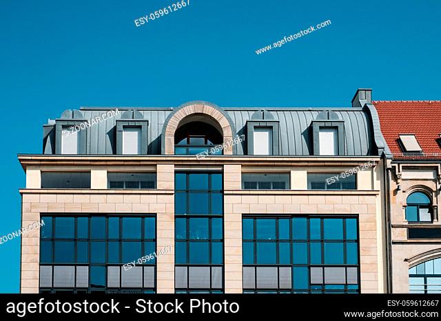 building facade, roof and blue sky, architecture in Berlin -