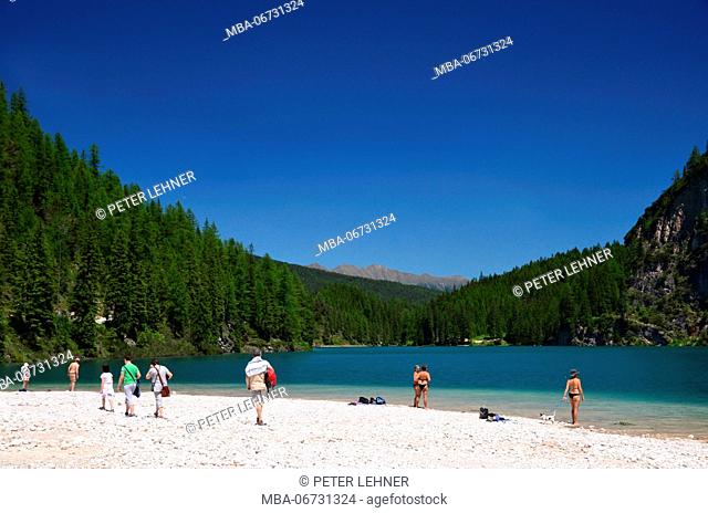 bathing beach on the Pragser Wildsee / Lake Prags, Pustertal, Dolomites, South Tirol, Trentino, Italy