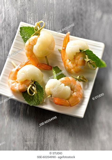 Shrimp, lychee and mint appetizers