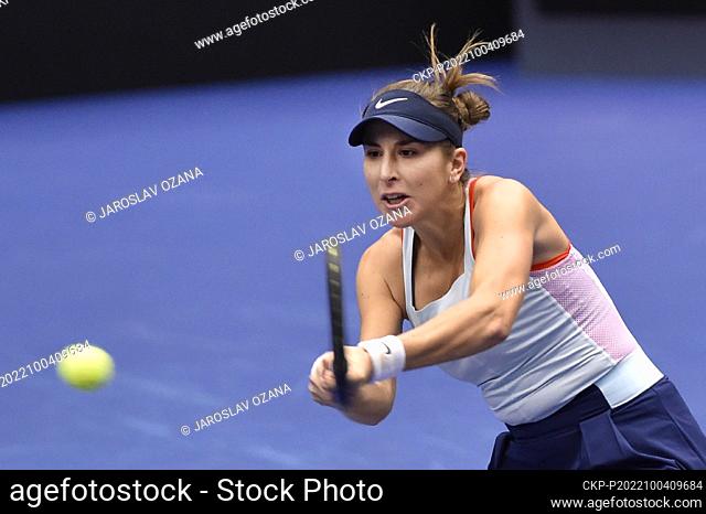 Belinda Bencic of Switzerland in action during the WTA Agel Open 2022 women's tennis tournament match against Eugenie Bouchard of Canada in Ostrava