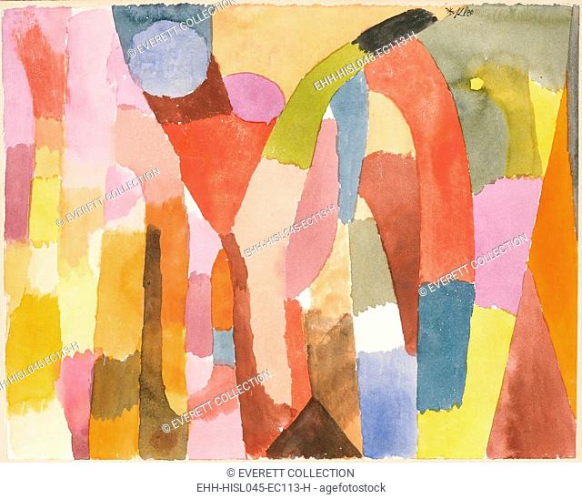 MOVEMENT OF VAULTED CHAMBERS, by Paul Klee, 1915, Swiss drawing, watercolor on paper. Abstract planes of bright color suggest architecture (BSLOC-2017-7-44)