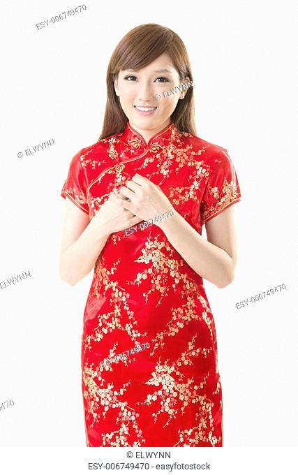 Attractive Chinese woman dress traditional cheongsam, closeup portrait on white background