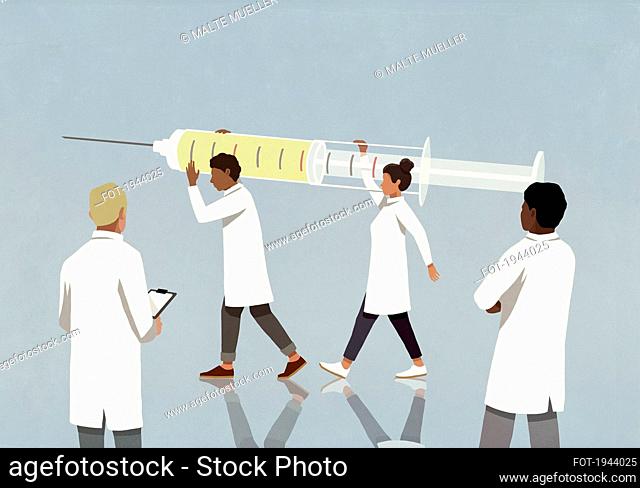 Doctors carrying large COVID vaccine syringe