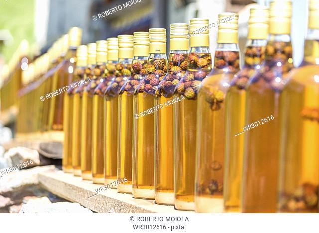 Details of bottles of grappa, a typical liquor, San Romerio Alp, Brusio, Canton of Graubunden, Poschiavo Valley, Switzerland, Europe