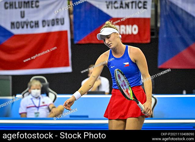 Czech Marketa Vondrousova in action during Group D match against Viktorija Golubic of Switzerland during the women’s tennis Billie Jean King Cup (former Fed...