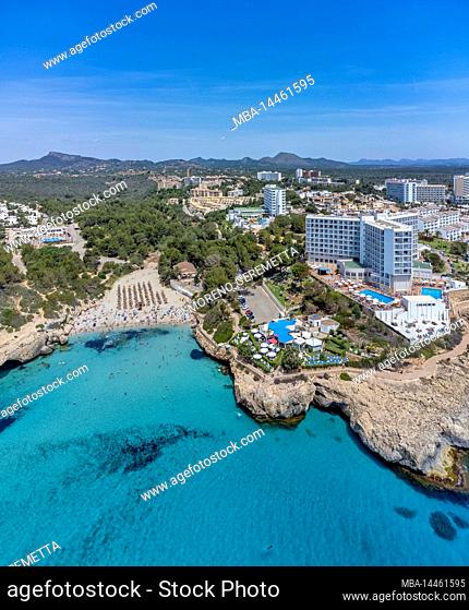 Spain, Balearic islands, Mallorca, municipality of Manacor, Cales de Mallorca, beach of Cala Domingos Gran, aerial view