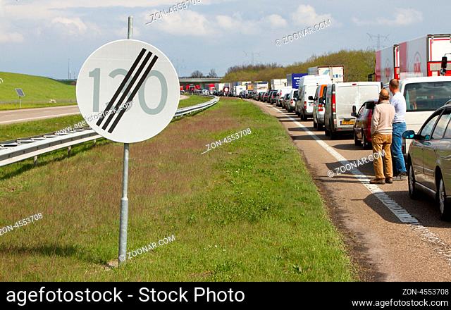 DRONTEN, FLEVOLAND, HOLLAND-APRIL 24: A truck colliding with a large brigde in the highway A6 has caused a large traffic jam on April 24, 2012 at Dronten