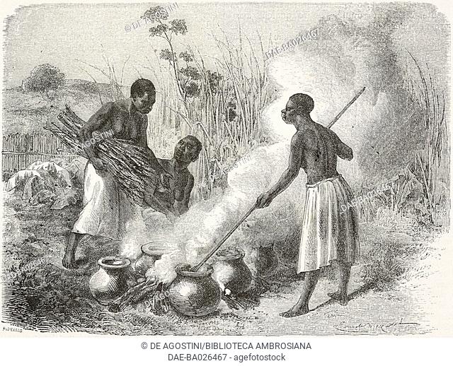 Unyamuezi men making beer, drawing by Emile Antoine Bayard (1837-1891), from Journal of the Discovery of the Source of the Nile