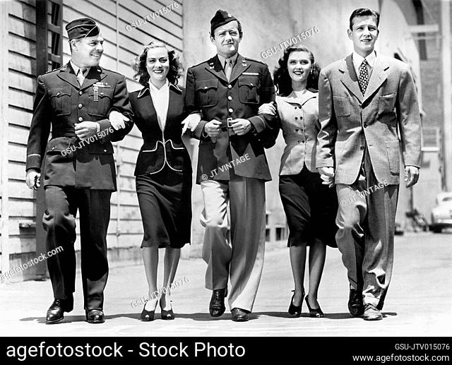 Brian Donlevy, Audrey Totter, Robert Walker, Beverly Tyler, Tom Drake, on-set of the Film, The Beginning Or The End, MGM, 1947