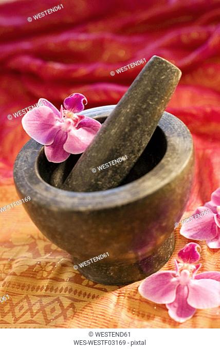 Mortar with pestle and flowers, close-up